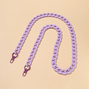 Detail of light purple matte acrylic chain strap with dark violet metal spring clasps