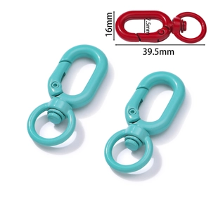 Detail showing 39.5mm alloy lobster clasps in red and blue with painted finish