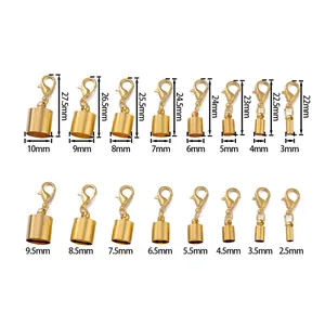 Size chart showing 16 sizes of gold lobster clasp end caps from 2.5mm to 10mm width