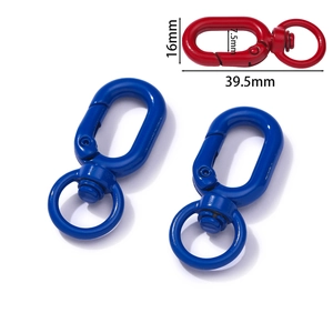 Detailed dimensions of blue and red swivel lobster clasps for bags and DIY crafts