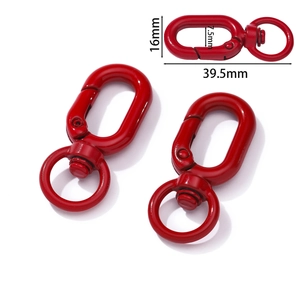 Detailed dimensions of a red painted metal lobster clasp with a 360-degree rotating base