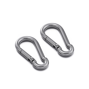Close-up of a 304 stainless steel carabiner with a spring-loaded gate and metallic finish