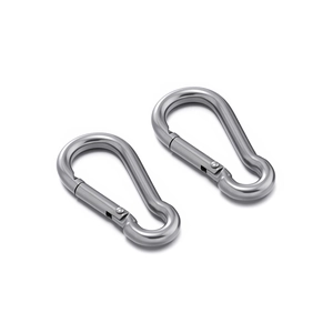 Close-up of dual stainless steel pear-shaped carabiners with polished silver finish
