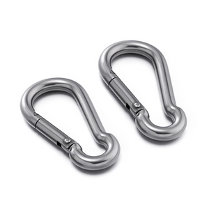Close-up of two polished 304 stainless steel snap hooks with spring gate mechanism