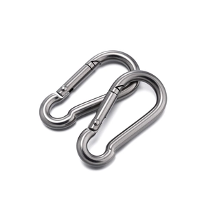 Close-up of two stainless steel carabiner clips showing spring gate mechanism