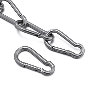 Close-up of interlocking 304 stainless steel carabiner hooks with spring gate locking mechanism