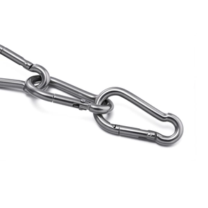 Close-up of interlocking 304 stainless steel carabiners with a brushed metal finish