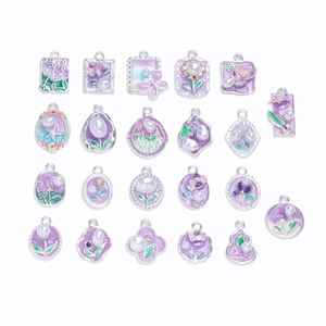 Detailed set of 21 purple enamel jewelry charms with pearls and silver alloy finish