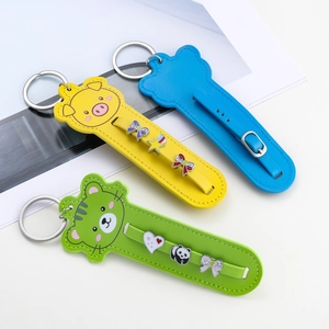 Creative faux leather keychains with cute printed animal charms and metal rings