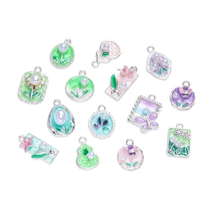 13pcs DIY jewelry pendants with butterfly and floral charms in pastel enamel and faux pearls