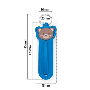 Blue leather keychain with brown bear embroidery showing dimensions 158mm height