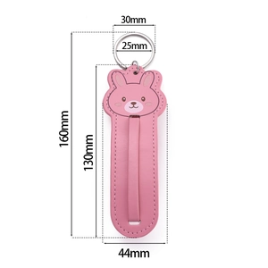 Detailed size view of the pink rabbit leather keychain showing dimensions in millimeters