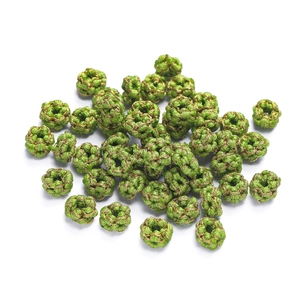 Macro view of green and gold woven peach blossom knot beads for DIY jewelry making
