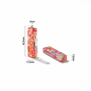 Detail view of rectangular resin charms with colorful heart sequins and dimensions