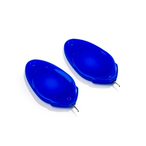 Close-up of blue acrylic needle threaders with stainless steel wire hooks for DIY sewing