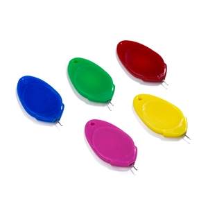 Detailed view of colorful acrylic needle threaders with metal wire hooks for sewing