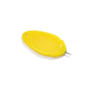 Close-up of yellow needle threader with ergonomic grip and fine metal hook for DIY sewing