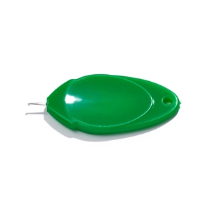 Close-up of green leaf-shaped needle threader with fine steel hook and round hanging hole