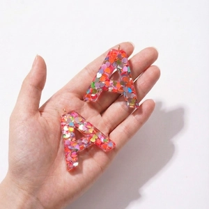 Pink resin letter A pendant with colorful heart sequins and metal ring for DIY keychains