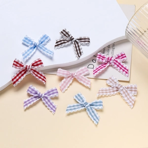 Colorful plaid bowknot accessories with scalloped edges for DIY hair clips and clothing