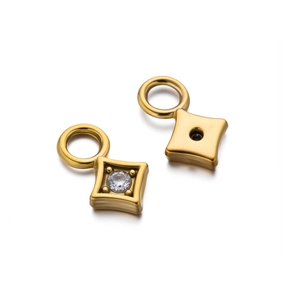 Macro view of gold-plated rhombus pendant with clear cubic zirconia and hanging loop