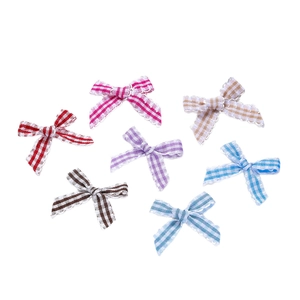 Set of colorful checkered plaid bows with lace trim for DIY hair accessories and gifts