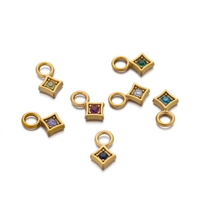 Detail of square gold plated charms with colorful round gemstones for DIY jewelry