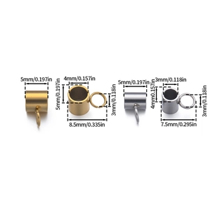 Detail of stainless steel bead connectors with 3mm and 4mm inner diameters and measurements