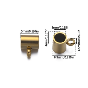 Detailed view of golden cylindrical jewelry connectors with precise size specifications