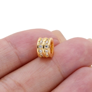 18K gold-plated cylinder spacer bead with double-row zircon inlay for DIY jewelry