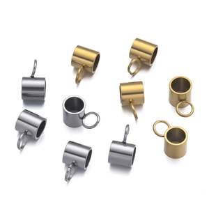 Polished stainless steel cylinder charm beads with side loops in gold and silver