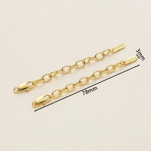 Detailed view of 18K gold-plated extension chains with lobster clasp and metal tag