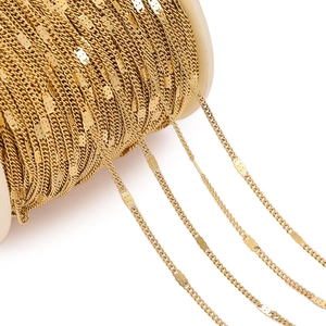 Detail of gold-plated stainless steel curb chain links on a spool for DIY jewelry making