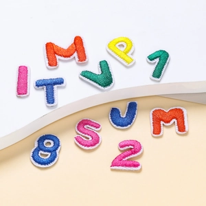 Parches bordados de letras y números coloridos con borde blanco para ropa personalizada