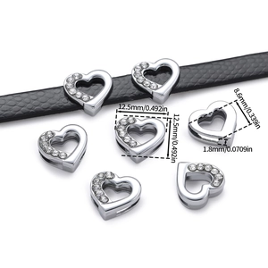 Silver alloy heart slider bead with rhinestones for DIY bracelets and watch bands