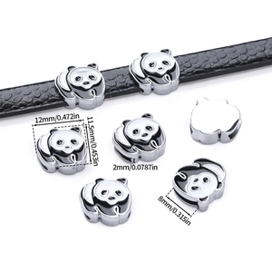 Detail of panda alloy enamel charms on black leather band showing dimensions and hole size