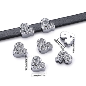 Detail of alloy duck slide charm with rhinestones showing dimensions for jewelry making