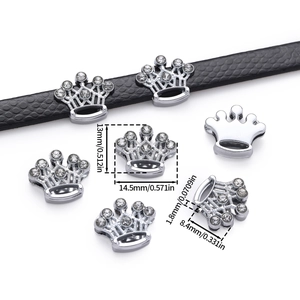 Detail view of silver crown slider charm with rhinestones and precise dimensions