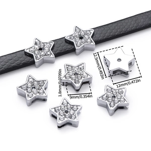 Detailed views of silver star-shaped slider bead with rhinestones for DIY bracelet