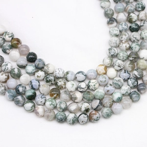 Polished natural tree agate beads with forest moss green and white organic textures