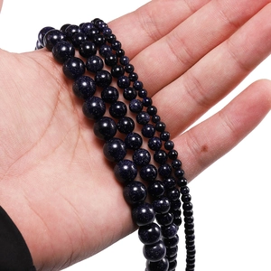 Blue sandstone round loose beads in four sizes for DIY jewelry making with starry glitter