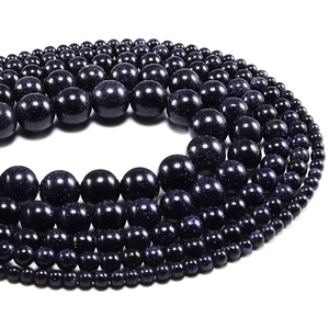Blue Sandstone Round Polished Loose Beads For DIY Bracelet Necklace Sparkling Goldstone Beads Jewelry Making Supplies
