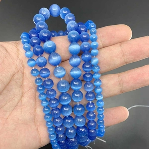 Detailed view of blue cat eye stone beads in 6mm to 10mm sizes for jewelry making