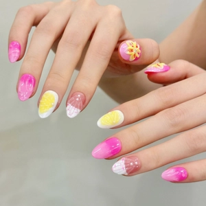 Pink 3D floral shell press-on nails with rose gradients and lemon pattern accents