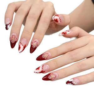 Tropical red and white gradient stiletto press-on nails with hand-painted floral designs