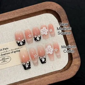 Handmade French Style Press On Nails White 3D Flower Bowknot Rhinestone Artificial Pearl Cat Eye Coffin Square Fake Nails Jewelry