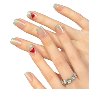 Faux ongles courts vert clair œil de chat avec motif dégradé de pastèque mignon