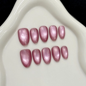 Elegant Rose Pink Cat Eye Press On Nails Shimmering Magnetic Almond Shape Fake Nails Set For Women Daily Manicure Jewelry