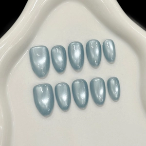 Faux Ongles à Coller Œil de Chat Faits à la Main Gris Bleu Forme Amande Magnétiques Ensemble pour Femme Manucure