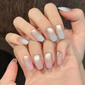 Unghie Finte a Pressione Sfumate Occhio di Gatto AB Rosa Blu Forma Mandorla Unghie Glitterate Riutilizzabili per Donna